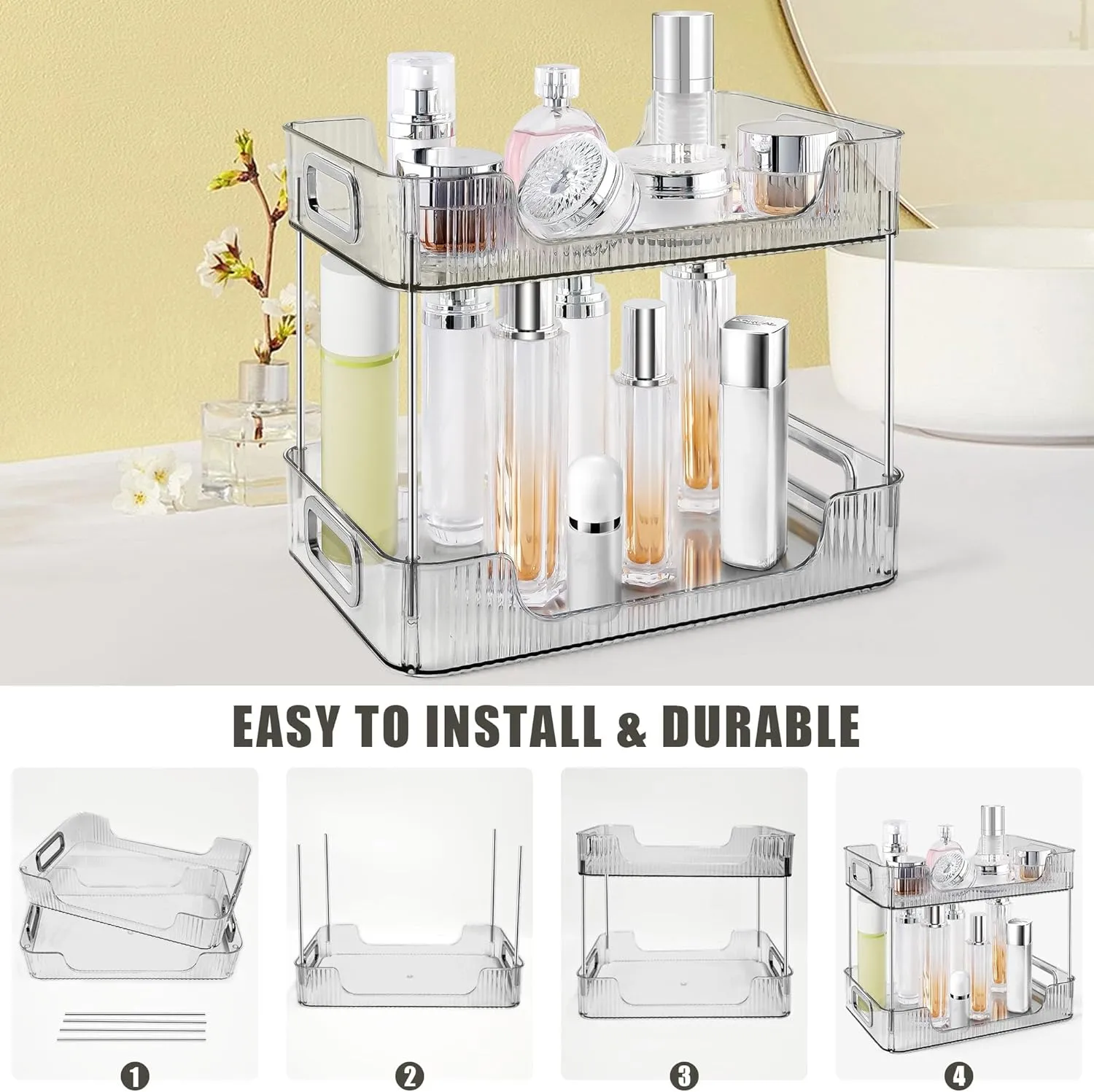2-Tier Bathroom Counter Organizer Countertop Storage, Dresser Organizer Vanity Tray for Makeup, Perfume Organizer Cosmetics Skincare Shelf - Grey