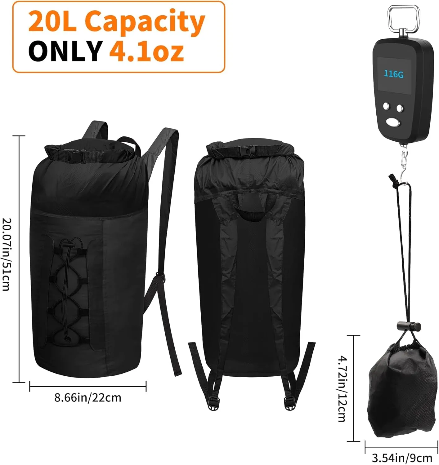 20L Waterproof Lightweight Packable Daypacks, Hiking Small Backpack, Pu5000Mm for Travel Outdoor, Foldable Dry Bags for Adult Males and Females