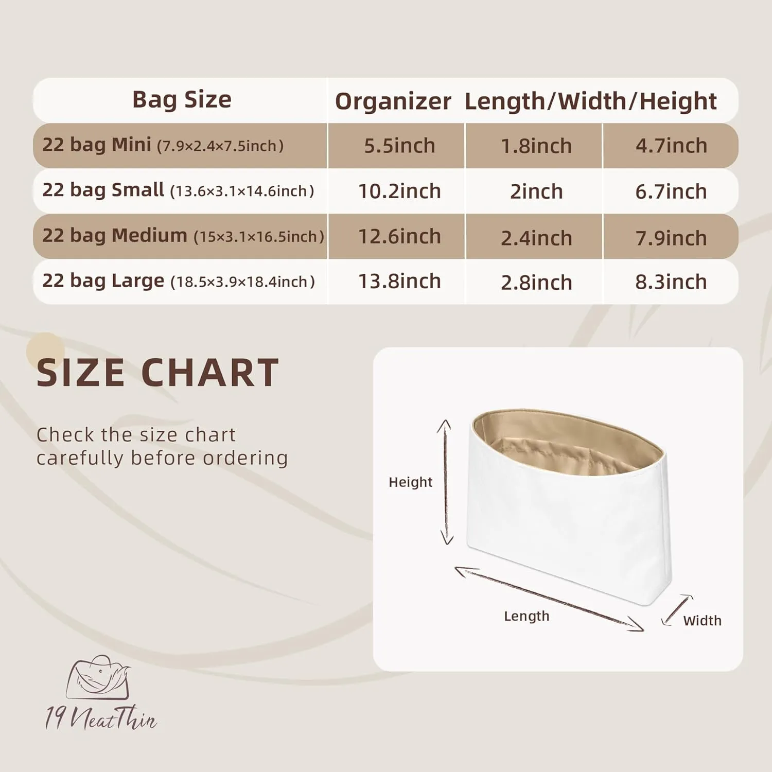 22 Bag Organizer Insert, Lightweight Bag Insert Compatible with Chanel 22, Waterproof Surface and Silky Satin Lining (Chai, Small)