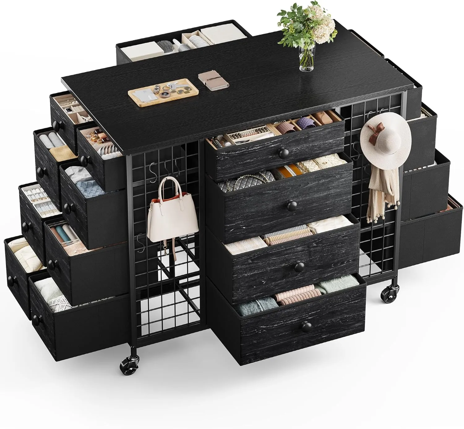 24 Drawers Black Dresser for Bedroom, Dressers & Chests of Drawers with 4 Wheels and 40“ * 23” Wide Wooden Top, Metal Frame, Closet Island with Hooks for Bedroom, Cloakroom, Dressing Room