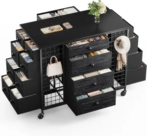 24 Drawers Black Dresser for Bedroom, Dressers & Chests of Drawers with 4 Wheels and 40“ * 23” Wide Wooden Top, Metal Frame, Closet Island with Hooks for Bedroom, Cloakroom, Dressing Room