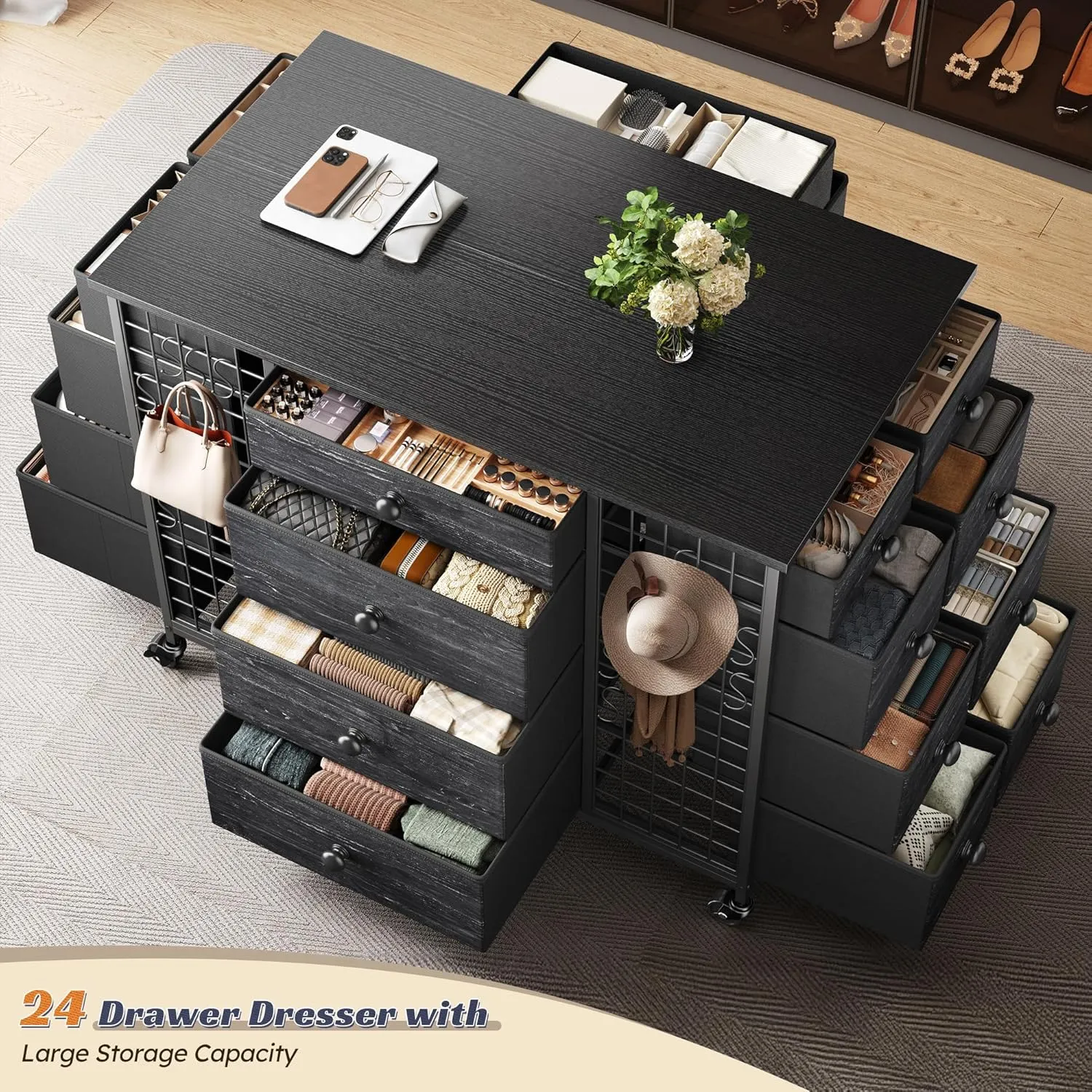 24 Drawers Black Dresser for Bedroom, Dressers & Chests of Drawers with 4 Wheels and 40“ * 23” Wide Wooden Top, Metal Frame, Closet Island with Hooks for Bedroom, Cloakroom, Dressing Room