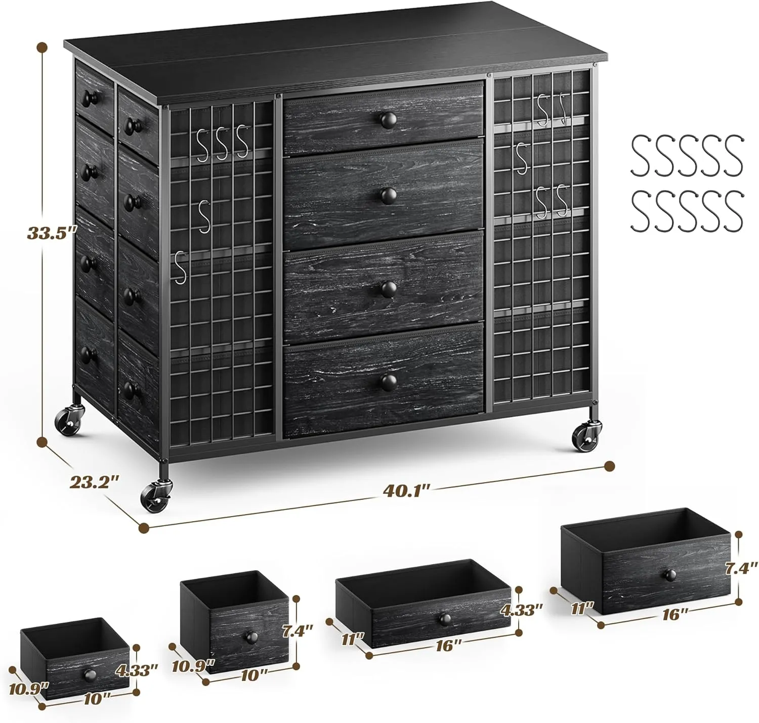 24 Drawers Black Dresser for Bedroom, Dressers & Chests of Drawers with 4 Wheels and 40“ * 23” Wide Wooden Top, Metal Frame, Closet Island with Hooks for Bedroom, Cloakroom, Dressing Room