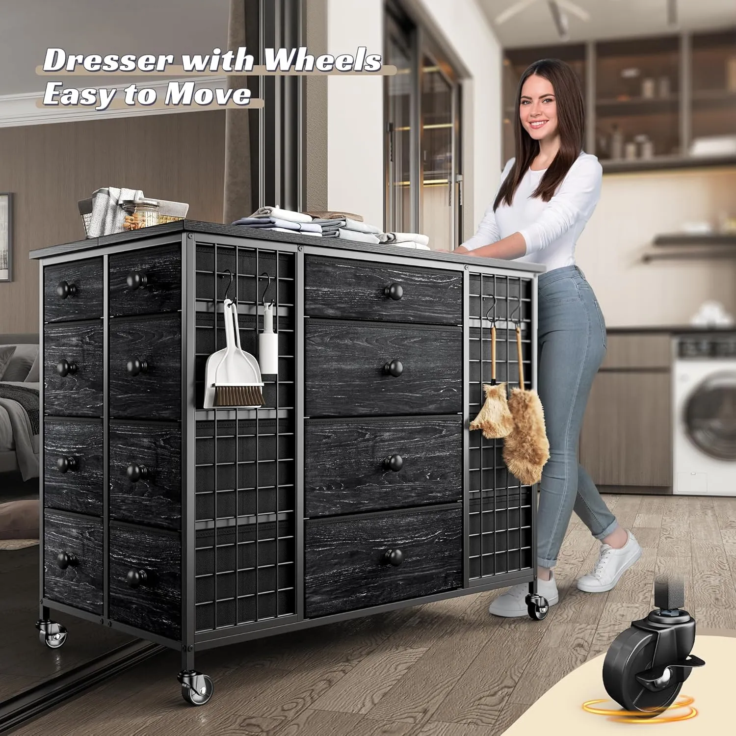 24 Drawers Black Dresser for Bedroom, Dressers & Chests of Drawers with 4 Wheels and 40“ * 23” Wide Wooden Top, Metal Frame, Closet Island with Hooks for Bedroom, Cloakroom, Dressing Room