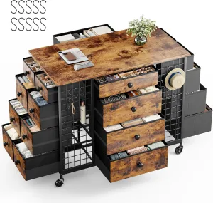 24 Drawers Dresser for Bedroom, Dressers & Chests of Drawers with 4 Wheels and 40“ * 23” Wide Wooden Top, Metal Frame, Closet Island with Hooks for Bedroom, Cloakroom, Dressing Room, Rustic Brown