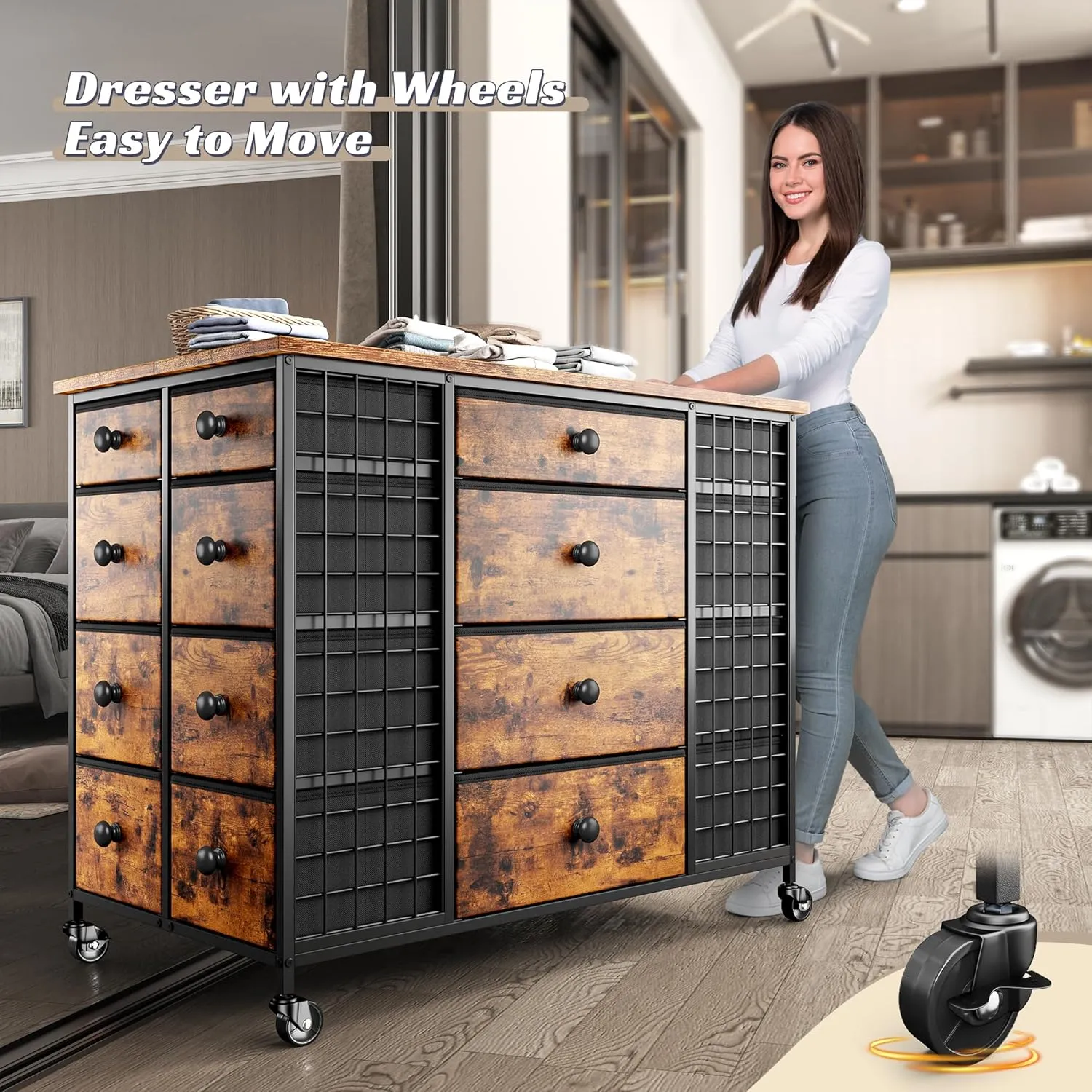 24 Drawers Dresser for Bedroom, Dressers & Chests of Drawers with 4 Wheels and 40“ * 23” Wide Wooden Top, Metal Frame, Closet Island with Hooks for Bedroom, Cloakroom, Dressing Room, Rustic Brown