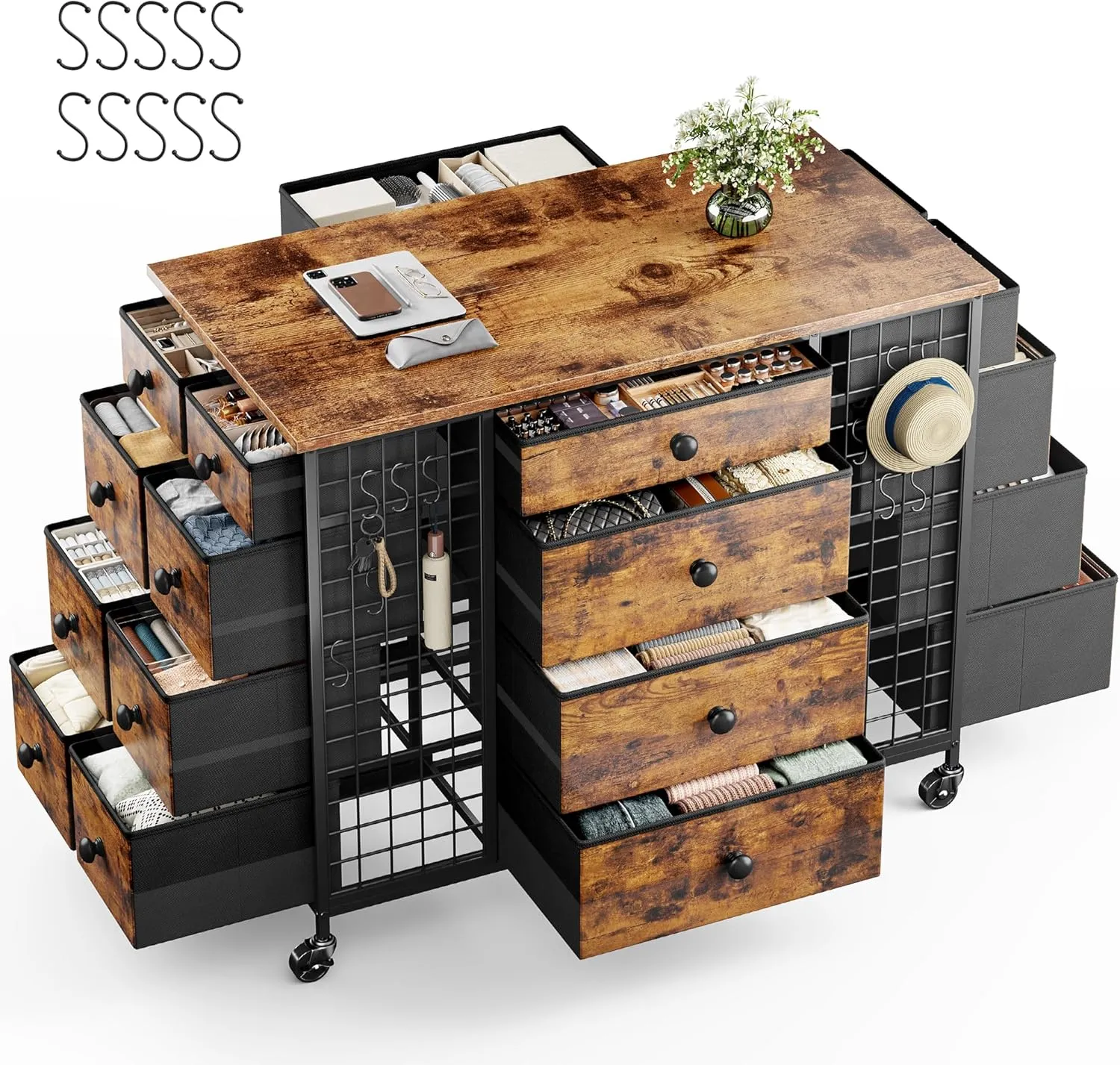 24 Drawers Dresser for Bedroom, Dressers & Chests of Drawers with 4 Wheels and 40“ * 23” Wide Wooden Top, Metal Frame, Closet Island with Hooks for Bedroom, Cloakroom, Dressing Room, Rustic Brown