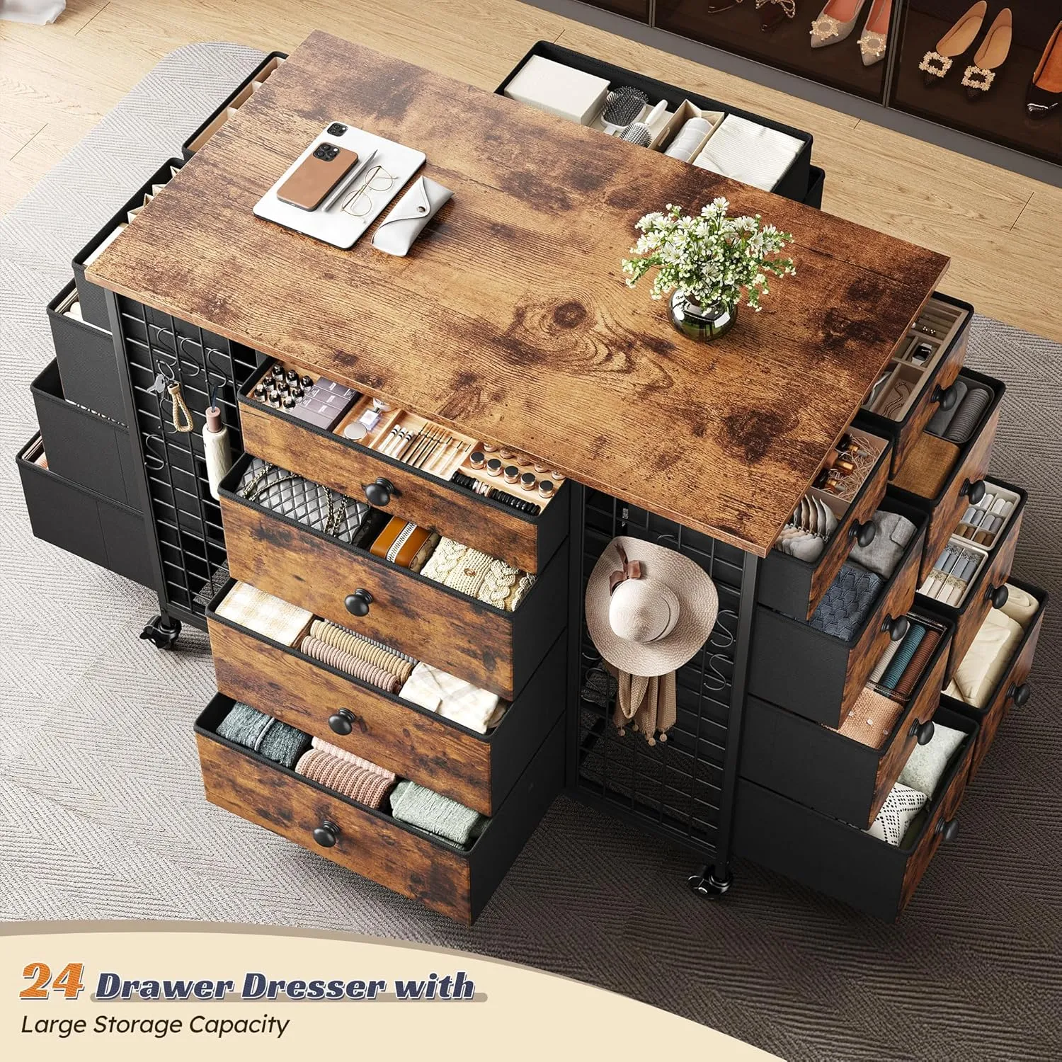 24 Drawers Dresser for Bedroom, Dressers & Chests of Drawers with 4 Wheels and 40“ * 23” Wide Wooden Top, Metal Frame, Closet Island with Hooks for Bedroom, Cloakroom, Dressing Room, Rustic Brown