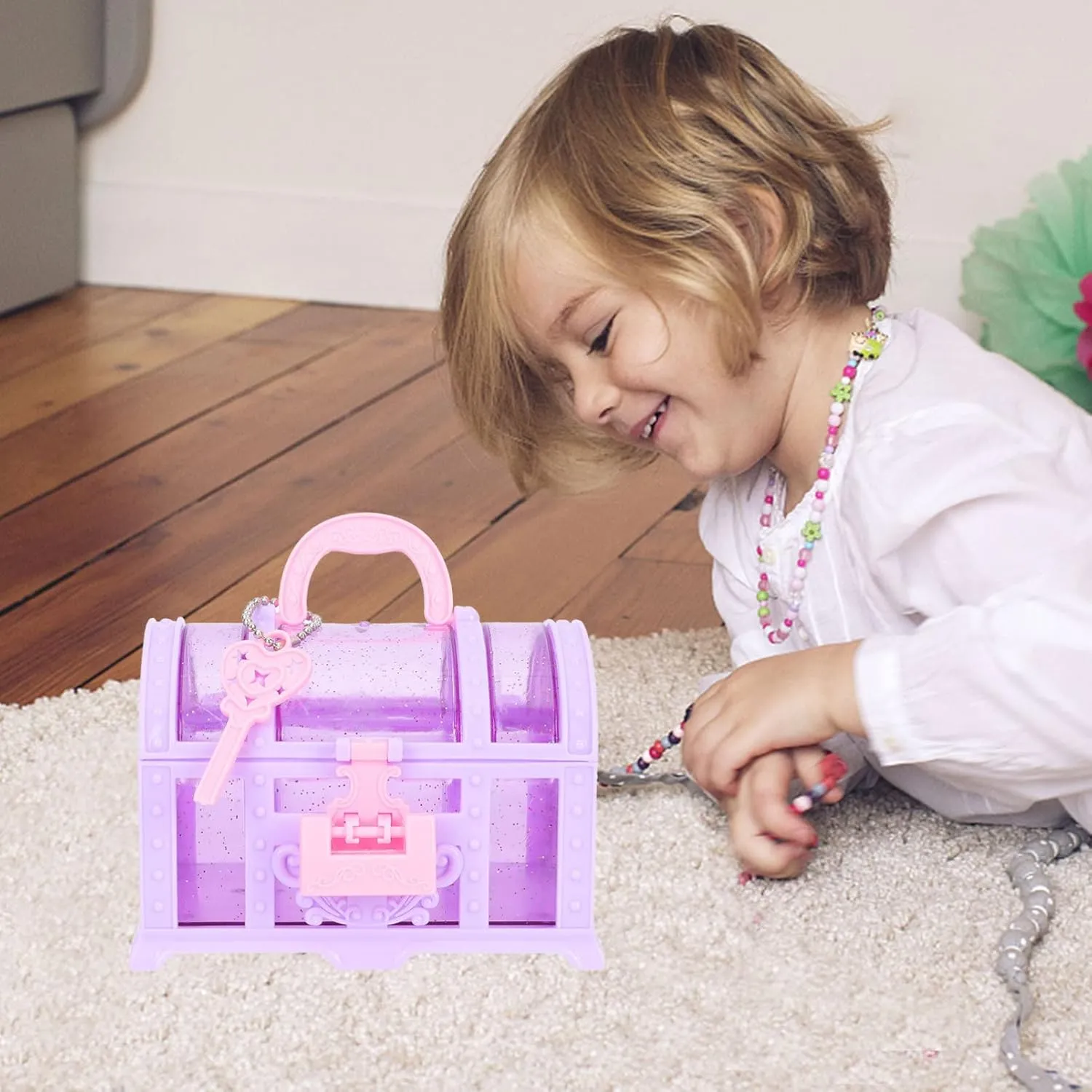 2Pcs Purple Kids Treasure Chest Jewelry Organizer Box, Little Girl Makeup Box with Lock Design for Rings, Necklaces, Earrings, Compact Decorative Storage for Kids