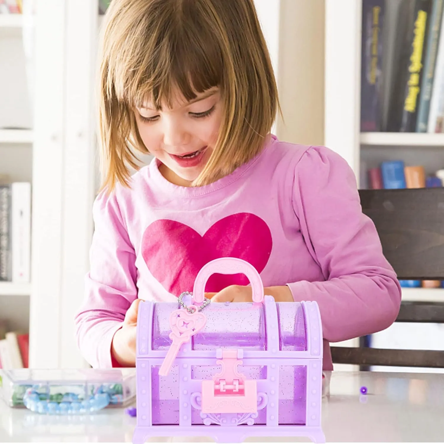 2Pcs Purple Kids Treasure Chest Jewelry Organizer Box, Little Girl Makeup Box with Lock Design for Rings, Necklaces, Earrings, Compact Decorative Storage for Kids