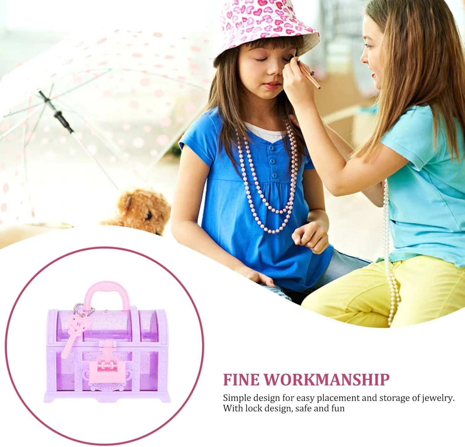2Pcs Purple Kids Treasure Chest Jewelry Organizer Box, Little Girl Makeup Box with Lock Design for Rings, Necklaces, Earrings, Compact Decorative Storage for Kids