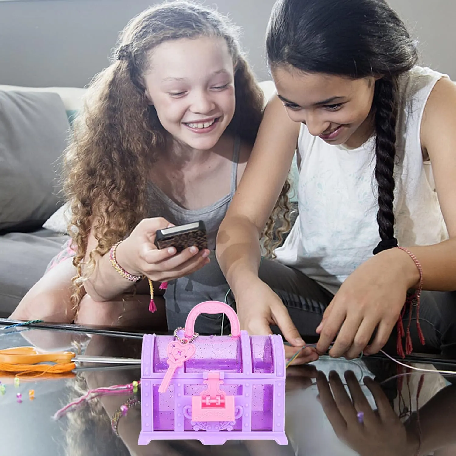 2Pcs Purple Kids Treasure Chest Jewelry Organizer Box, Little Girl Makeup Box with Lock Design for Rings, Necklaces, Earrings, Compact Decorative Storage for Kids