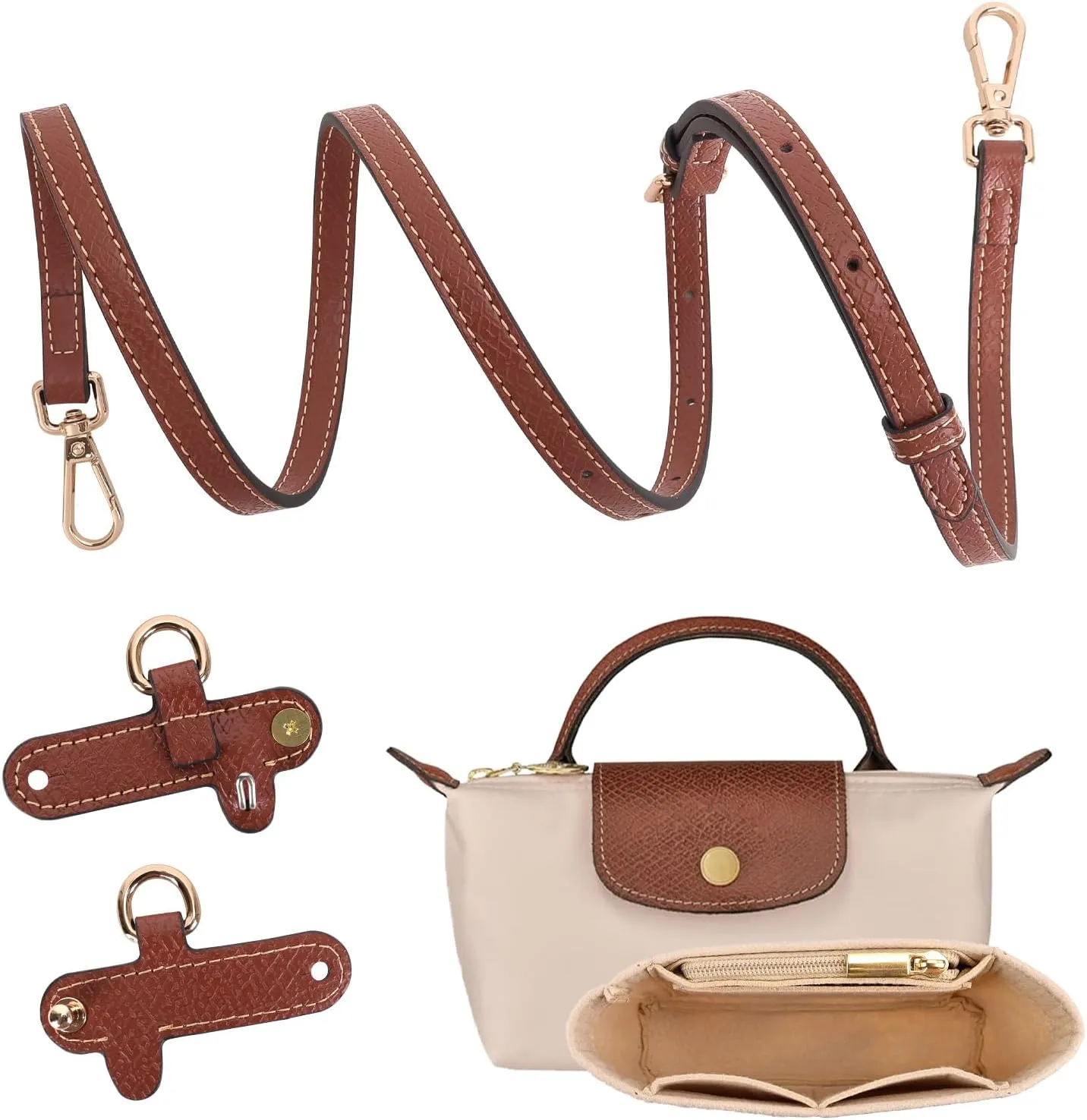 2Sets Mini Bag Strap Kit and Organizer for Longchamp Bag, Purse Organizer, No-Punch Length Adjustable, Multi-Pocket Felt Handbag Organizer
