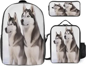 3 in 1 Backpack Set Husky Dogs Print Casual Backpack Set Small Cosmetic Bag Travel Daypack Crossbody Lunch Bag Coin Purse Set