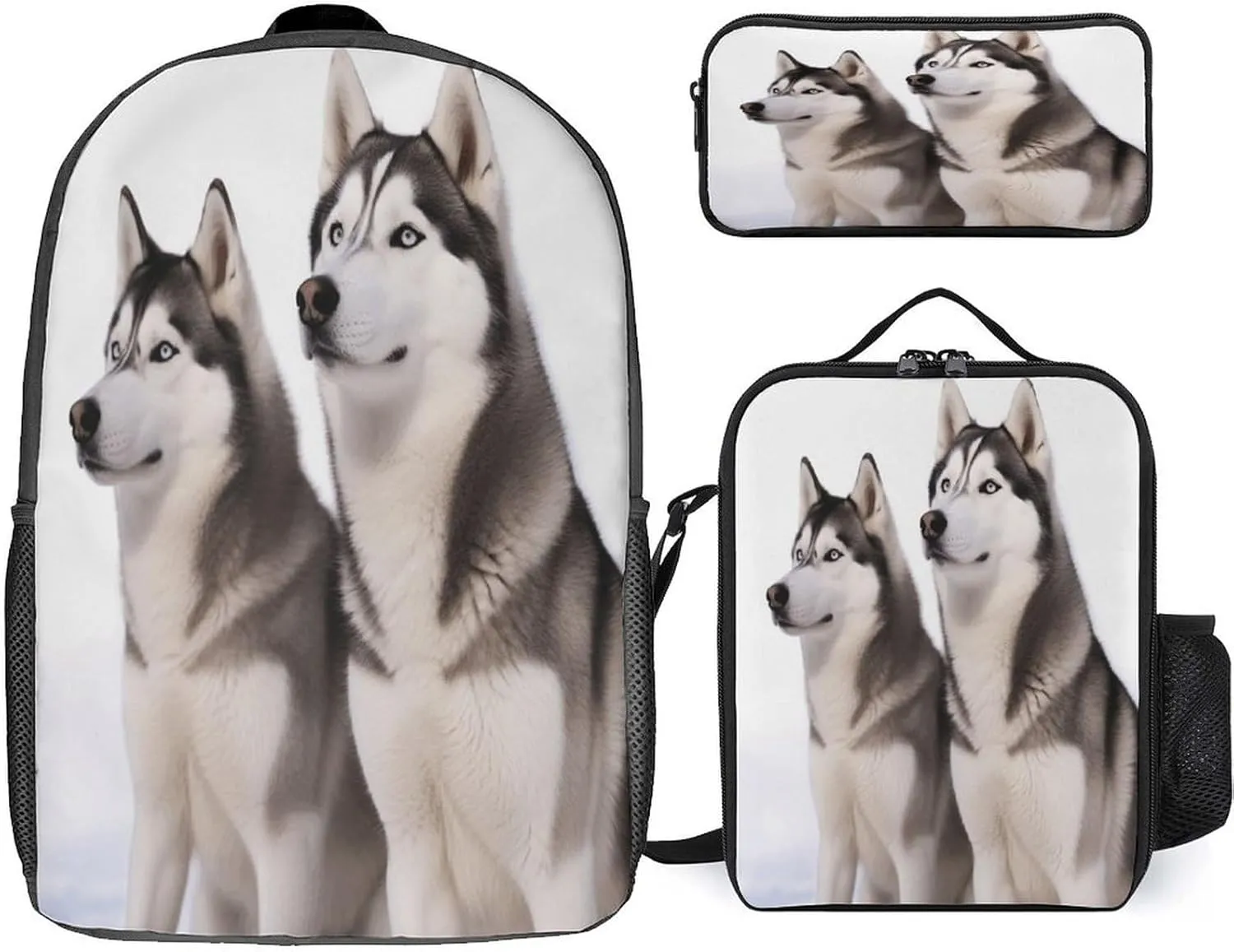 3 in 1 Backpack Set Husky Dogs Print Casual Backpack Set Small Cosmetic Bag Travel Daypack Crossbody Lunch Bag Coin Purse Set