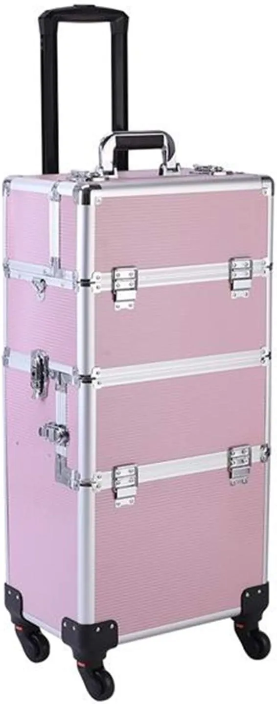 3 in 1 Professional Aluminum Rolling Cosmetic Makeup Case,Trolley Artist Train Case Cosmetic Organizer with 4 Detachable Universal Wheels Tattoo Box Pink