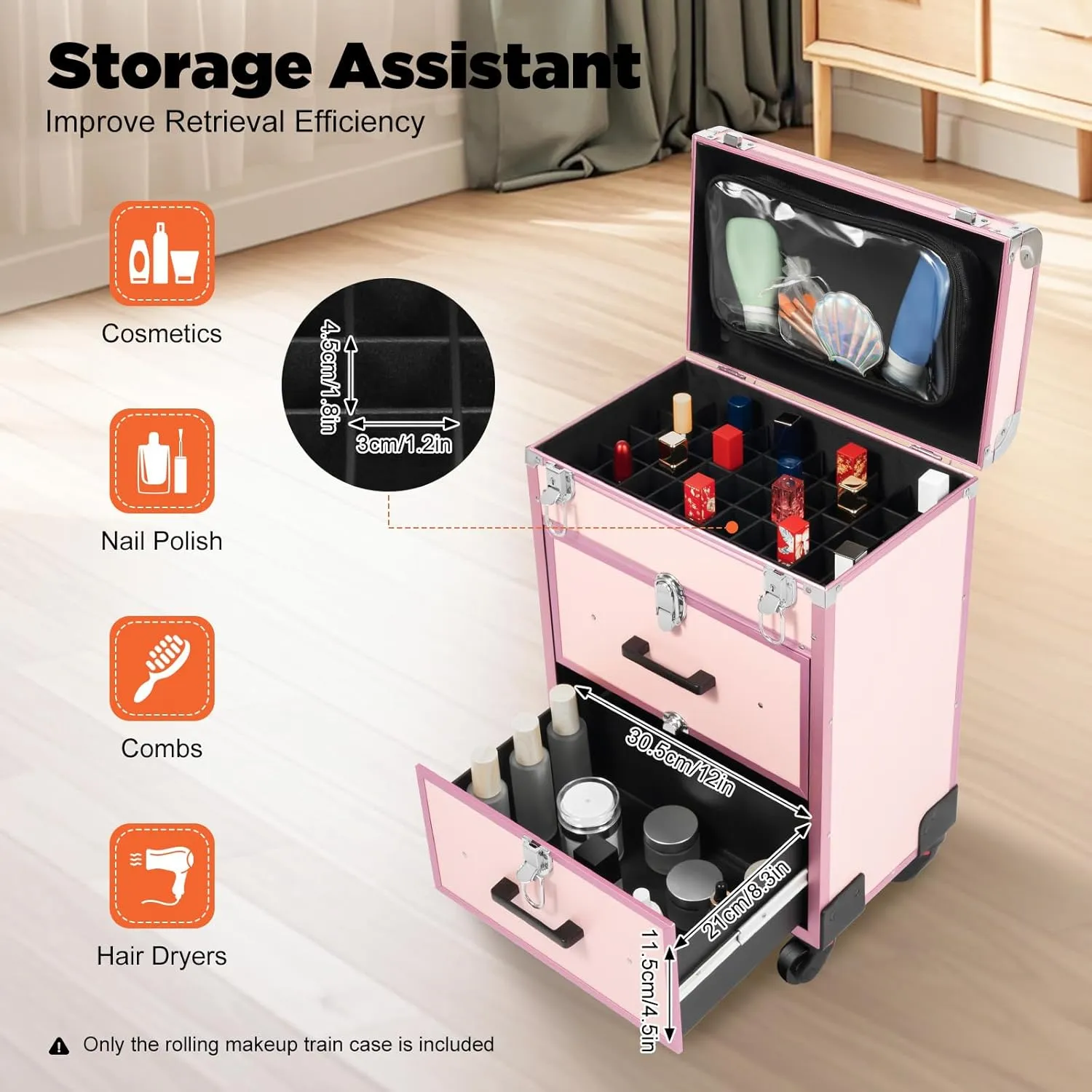3 in 1 Professional Makeup Rolling Train Case with 2 Drawers Make-up Traveling Case Trolley on Wheels Al-alloy Cosmetic Organizer Salon Cart with Locks for On The Go Makeup/Nail Art/Hair Styling