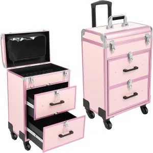 3 in 1 Professional Makeup Rolling Train Case with 2 Drawers Make-up Traveling Case Trolley on Wheels Al-alloy Cosmetic Organizer Salon Cart with Locks for On The Go Makeup/Nail Art/Hair Styling