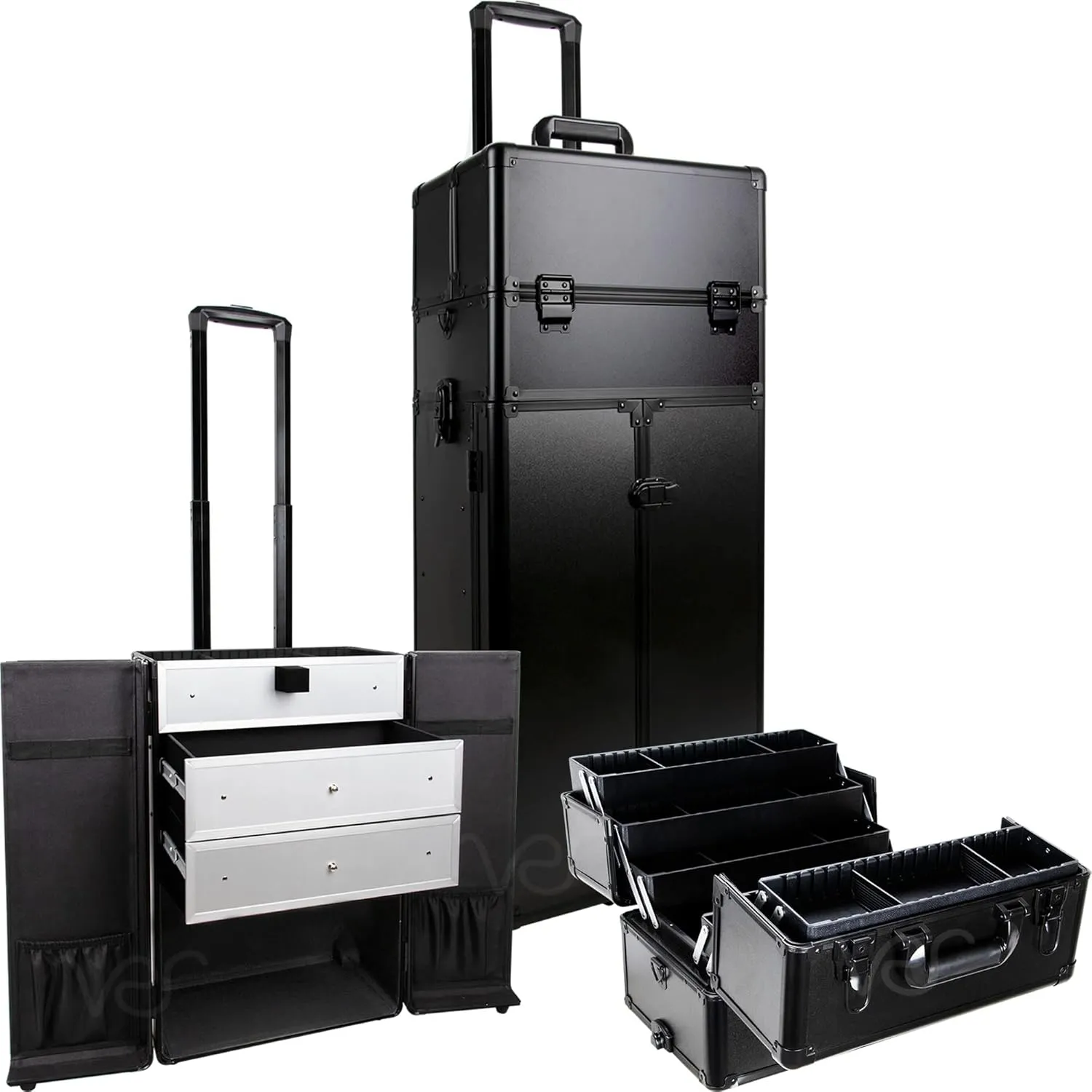 3-in-1 Professional Rolling Makeup Cosmetics Train Organizer Case Heavy Duty Hair & Makeup Artist Travel Case with Extendable Trays Adjustable Dividers Mirror Extra Lid Large Drawers