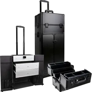 3-in-1 Professional Rolling Makeup Cosmetics Train Organizer Case Heavy Duty Hair & Makeup Artist Travel Case with Extendable Trays Adjustable Dividers Mirror Extra Lid Large Drawers