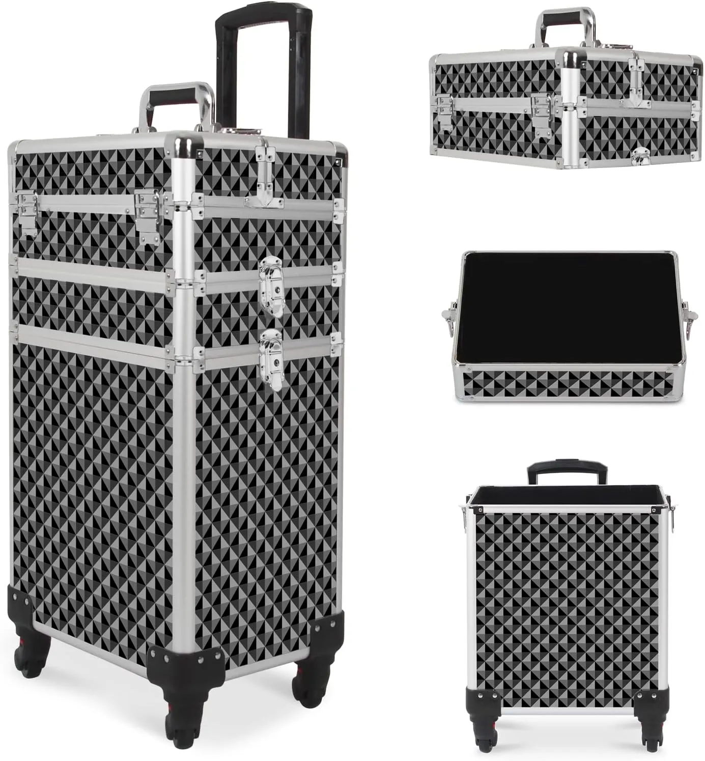 3 In 1 Professional Rolling Makeup Train Case, Cosmetic Trolley Beauty Organizer Large Capacity with Keys, Makeup Train Case with Wheels Black