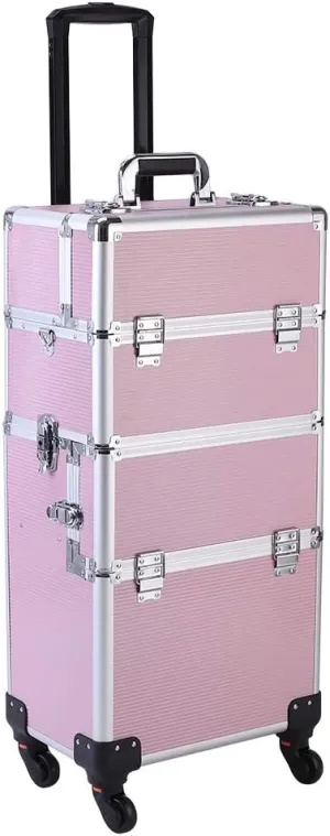 3 in 1 Rolling Makeup Case, Professional Cosmetic Makeup Case, Cosmetic Travel Case on Wheels with Folding Trays, Locks and Swivels, Pink