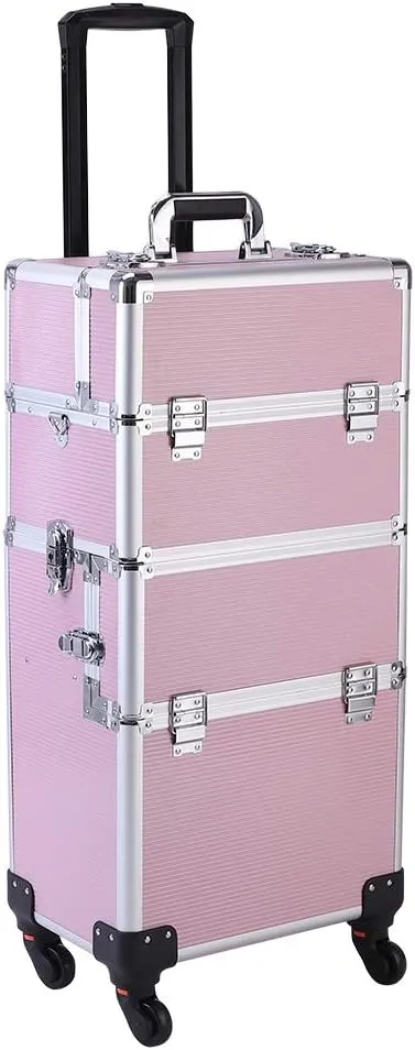 3 in 1 Rolling Makeup Case, Professional Cosmetic Makeup Case, Cosmetic Travel Case on Wheels with Folding Trays, Locks and Swivels, Pink