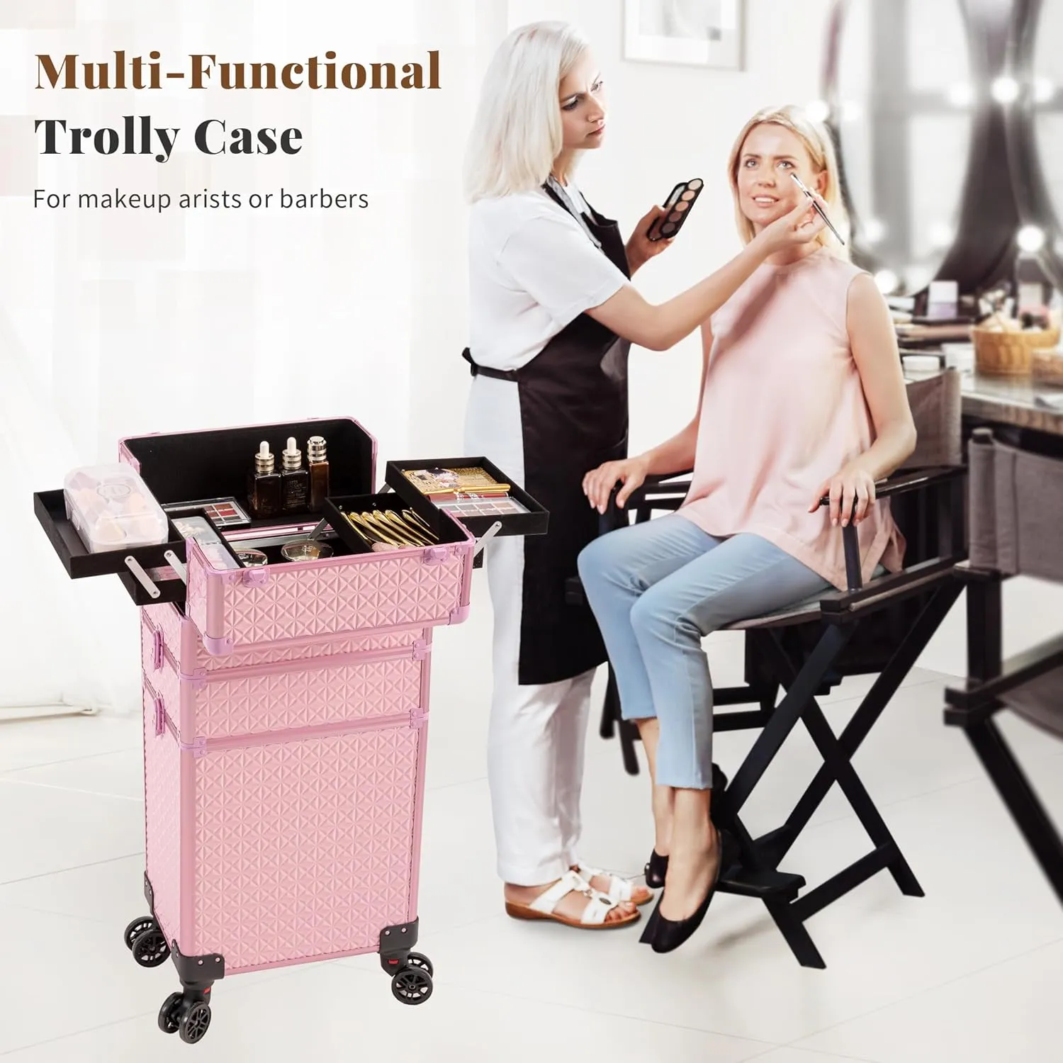 3 in 1 Rolling Makeup Train Case, Multi-functional Cosmetic Trolley with 360° Swivel Wheels Keys, Large Storage Traveling Cart Trunk for Nail Technicians Hairstylist, Pink