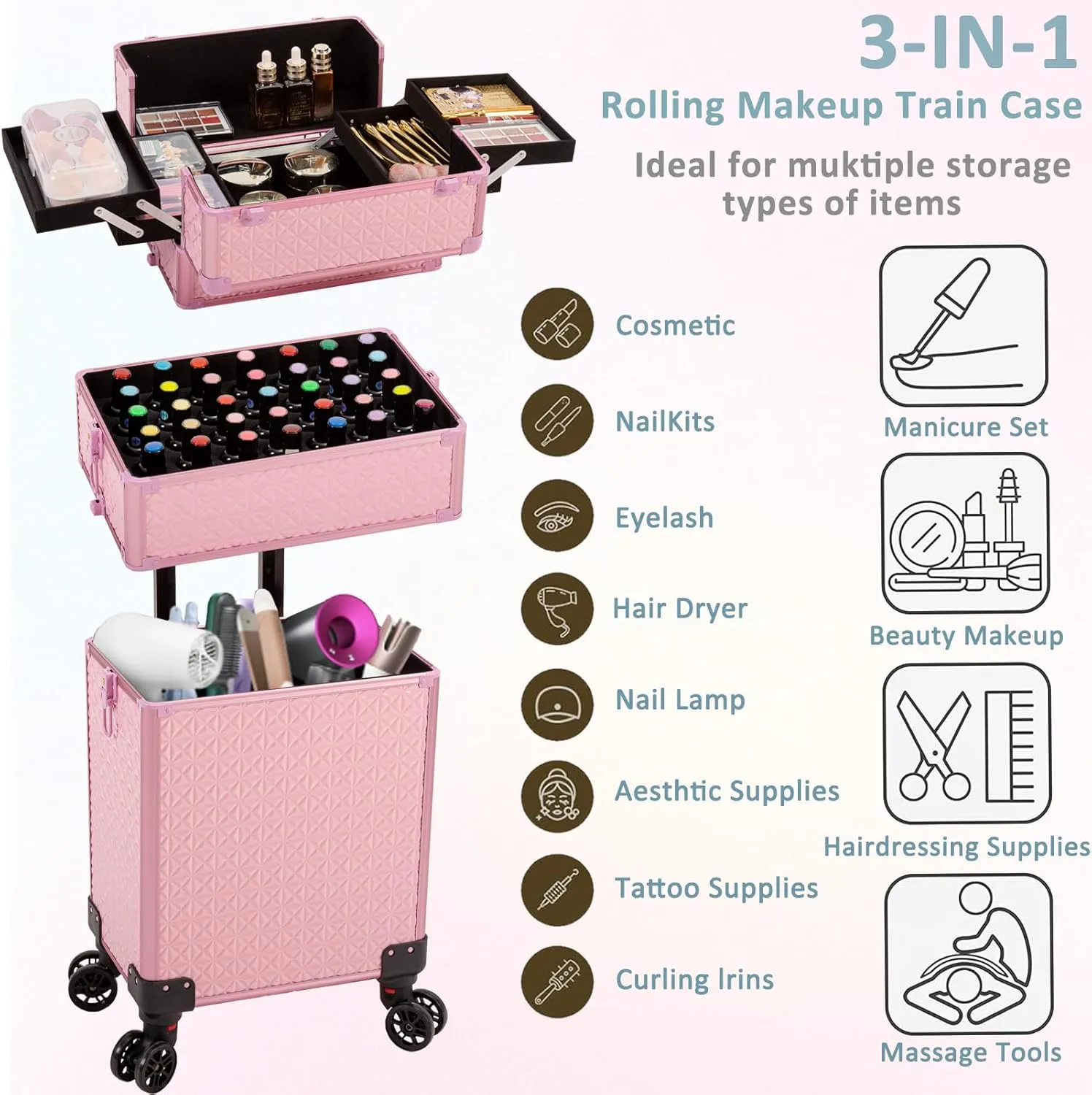 3 in 1 Rolling Makeup Train Case, Multi-functional Cosmetic Trolley with 360° Swivel Wheels Keys, Large Storage Traveling Cart Trunk for Nail Technicians Hairstylist, Pink