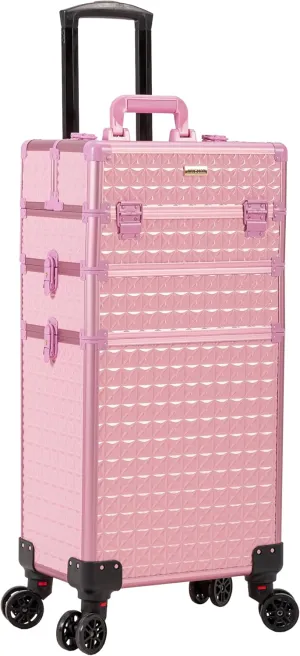 3 in 1 Rolling Makeup Train Case, Multi-functional Cosmetic Trolley with 360° Swivel Wheels Keys, Large Storage Traveling Cart Trunk for Nail Technicians Hairstylist, Pink