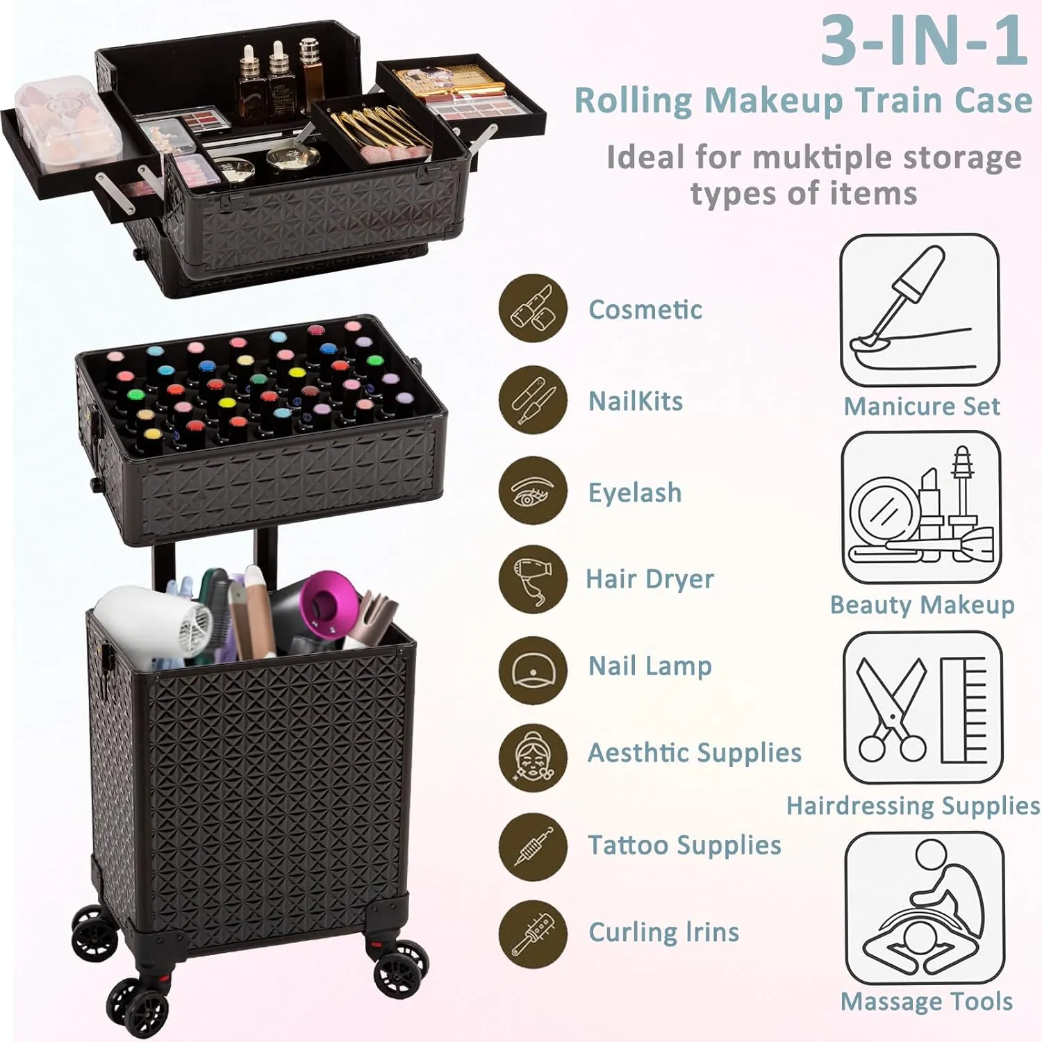 3 in 1 Rolling Makeup Train Case Professional Cosmetic Trolley Large Storage with Keys Swivel Wheels Salon Barber Case Traveling Cart Trunk for Make Up Hairstylists Nail Tech, Black