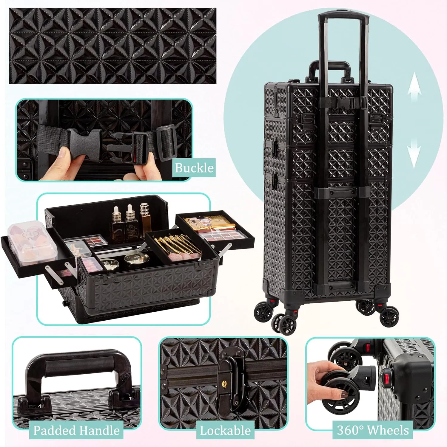 3 in 1 Rolling Makeup Train Case Professional Cosmetic Trolley Large Storage with Keys Swivel Wheels Salon Barber Case Traveling Cart Trunk for Make Up Hairstylists Nail Tech, Black