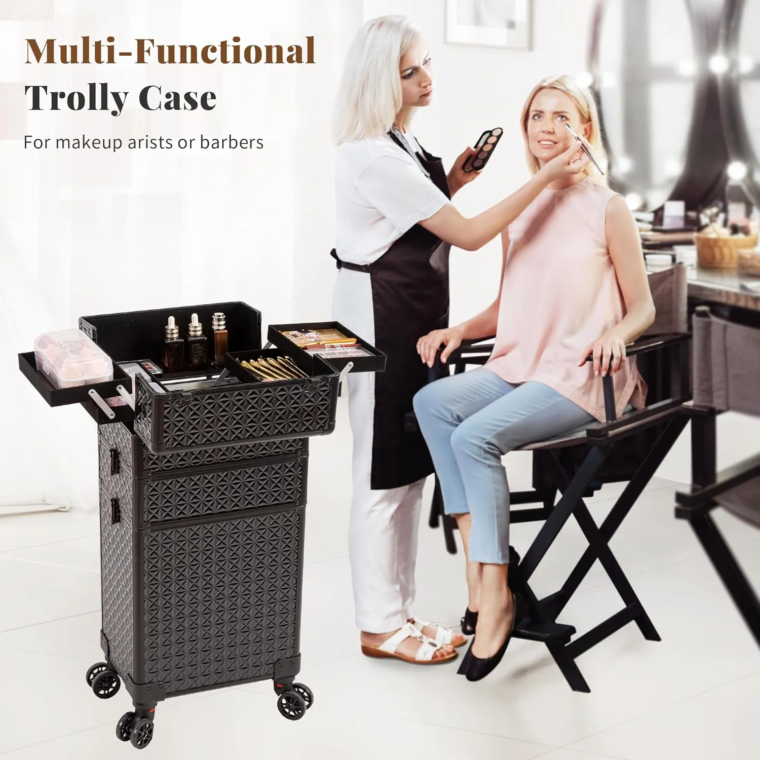 3 in 1 Rolling Makeup Train Case Professional Cosmetic Trolley Large Storage with Keys Swivel Wheels Salon Barber Case Traveling Cart Trunk for Make Up Hairstylists Nail Tech, Black