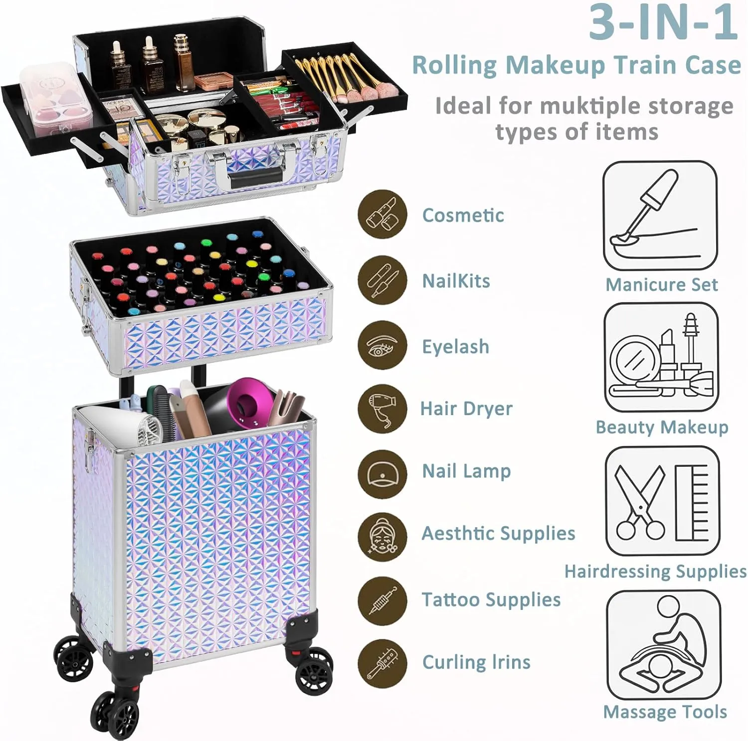 3 in 1 Rolling Makeup Train Case Professional Cosmetic Trolley Large Storage with Keys Swivel Wheels Salon Barber Case Traveling Cart Trunk for Make Up Hairstylists Nail Tech
