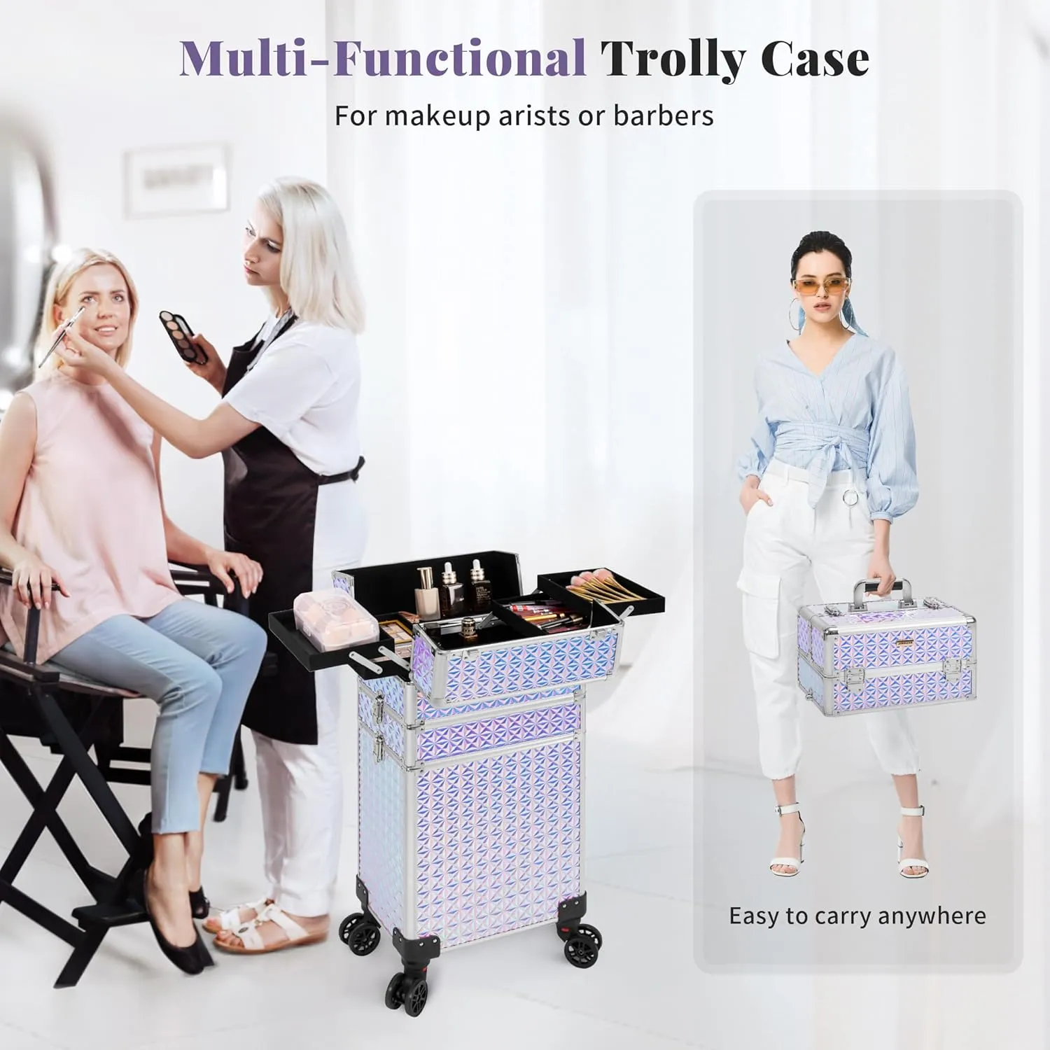 3 in 1 Rolling Makeup Train Case Professional Cosmetic Trolley Large Storage with Keys Swivel Wheels Salon Barber Case Traveling Cart Trunk for Make Up Hairstylists Nail Tech
