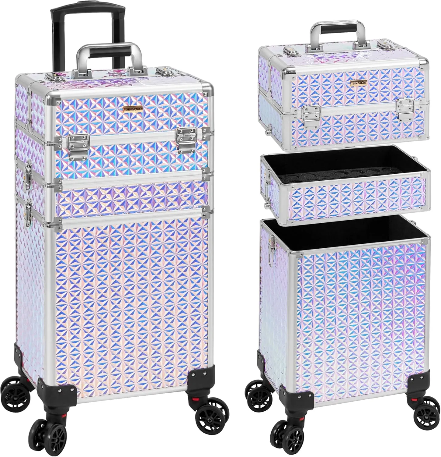 3 in 1 Rolling Makeup Train Case Professional Cosmetic Trolley Large Storage with Keys Swivel Wheels Salon Barber Case Traveling Cart Trunk for Make Up Hairstylists Nail Tech