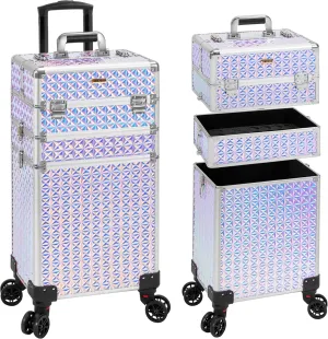 3 in 1 Rolling Makeup Train Case Professional Cosmetic Trolley Large Storage with Keys Swivel Wheels Salon Barber Case Traveling Cart Trunk for Make Up Hairstylists Nail Tech