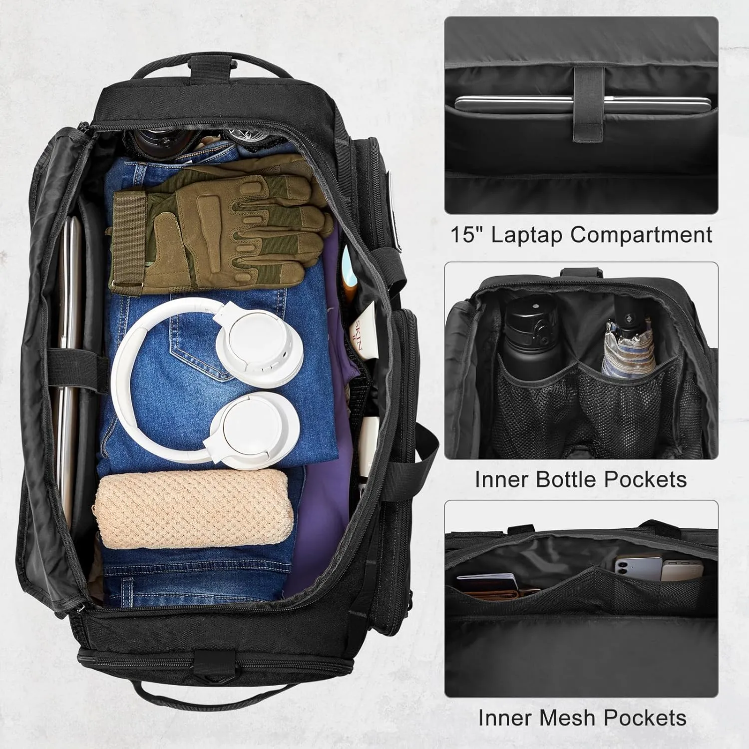 3-in-1 Tactical Travel Duffle Bag for Men and Women, Large 50L Military Duffle Weekender Bags Gym Backpack with Shoes Compartment and Wet Pocket (Black)