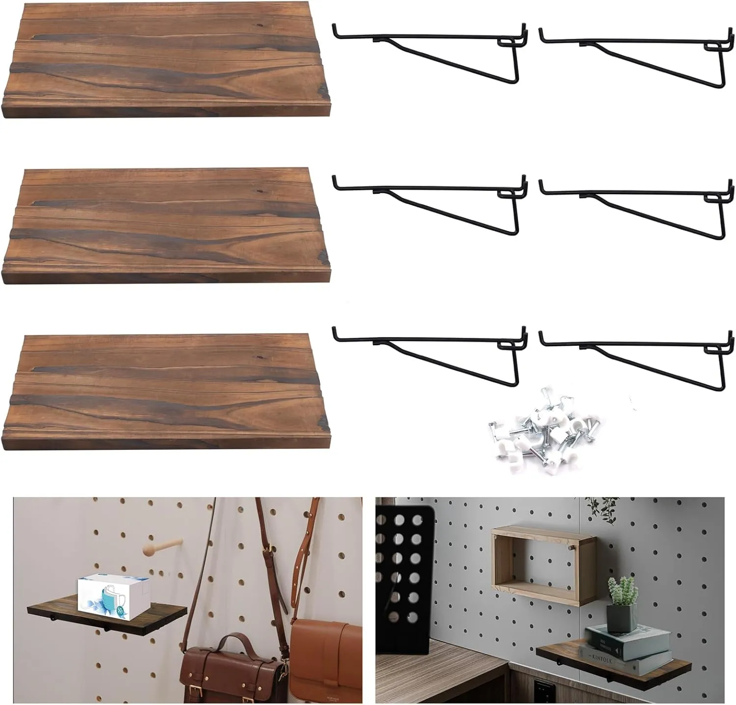 3 PCS Wooden Pegboard Shelves with 6 PCS Metal Pegboard Shelf Brackets Pegboard Hooks, Heavy Duty PegBoard Organizer Shelves, Pegboard Accessories for Craft Room, Home, Kitchen, Garage, Office