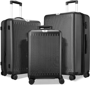 3 Piece Luggage Sets Expandable, Hardshell Travel Suitcase with Double Spinner Wheels and TSA Lock, (Black)