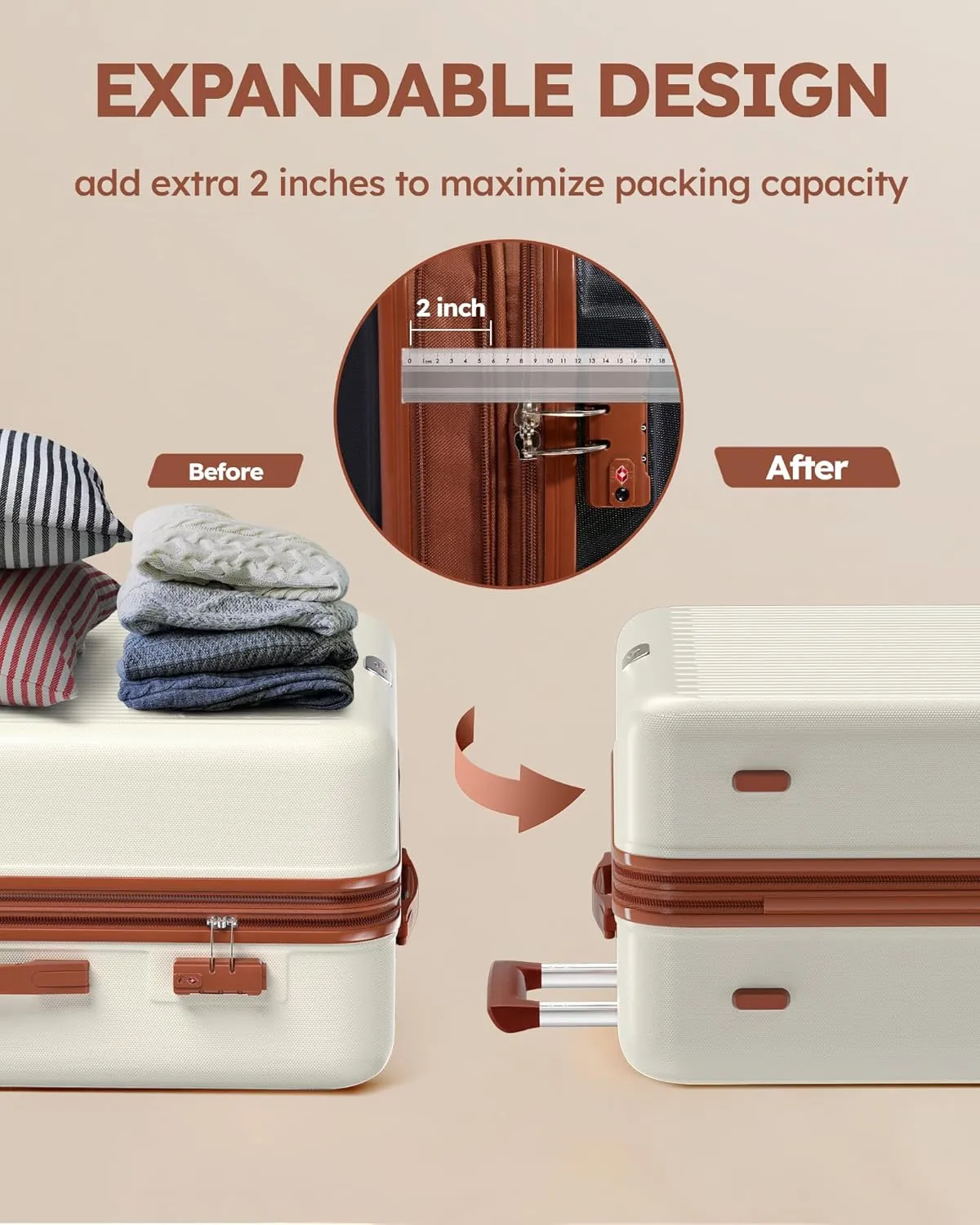 3 Piece Luggage Sets Expandable, Hardshell Travel Suitcase with Double Spinner Wheels and TSA Lock (White Brown)…