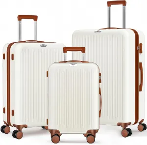 3 Piece Luggage Sets Expandable, Hardshell Travel Suitcase with Double Spinner Wheels and TSA Lock (White Brown)…