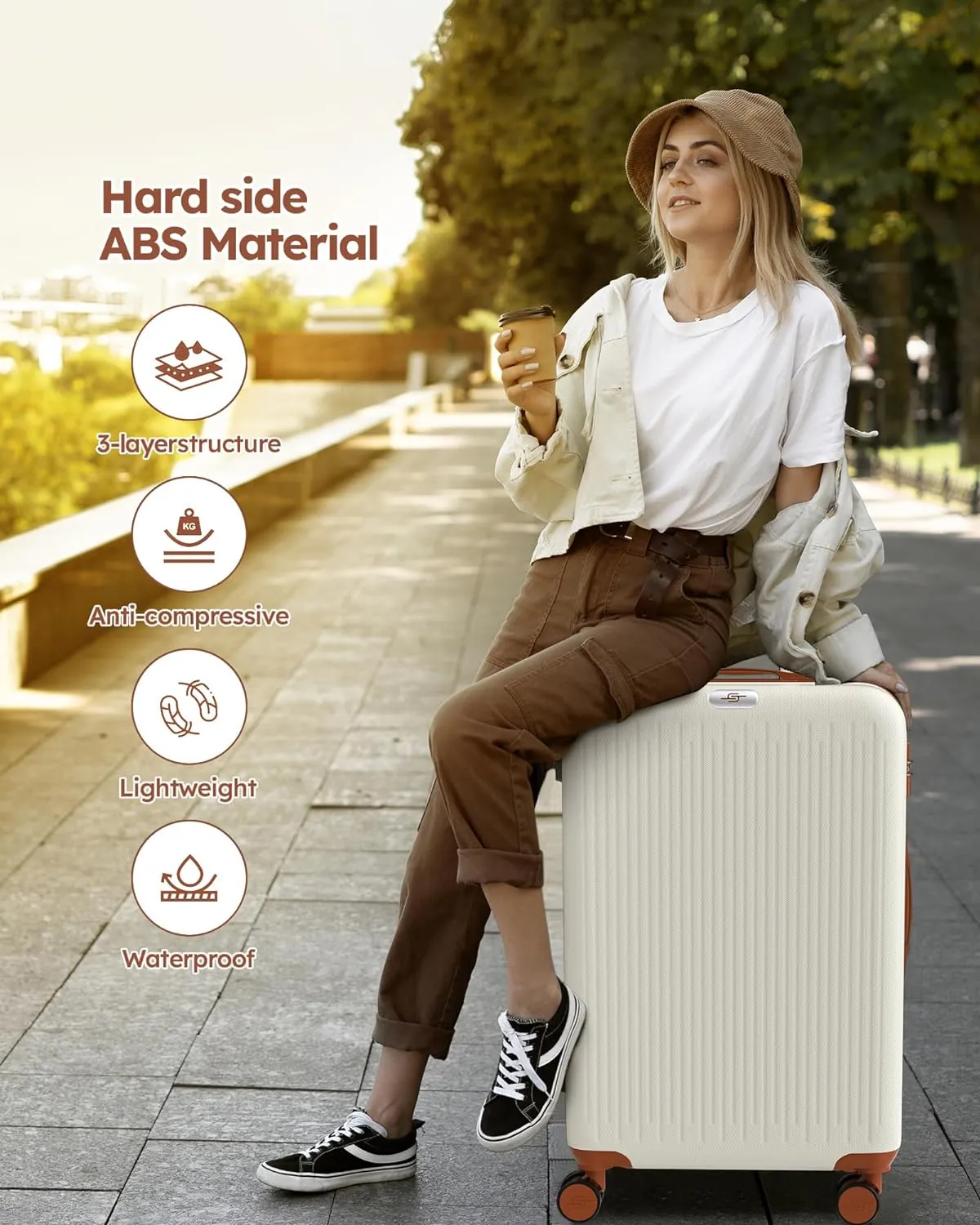 3 Piece Luggage Sets Expandable, Hardshell Travel Suitcase with Double Spinner Wheels and TSA Lock (White Brown)…