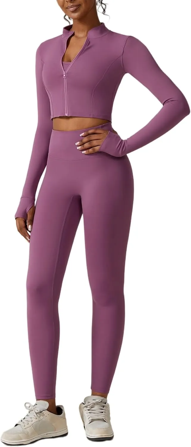 3 Piece Women Workout Set Sports Bra Crop Top Jacket with Thumb Holes Tummy Control High Waist Leggings