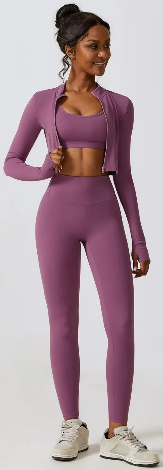 3 Piece Women Workout Set Sports Bra Crop Top Jacket with Thumb Holes Tummy Control High Waist Leggings