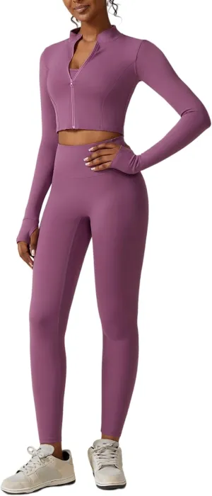3 Piece Women Workout Set Sports Bra Crop Top Jacket with Thumb Holes Tummy Control High Waist Leggings