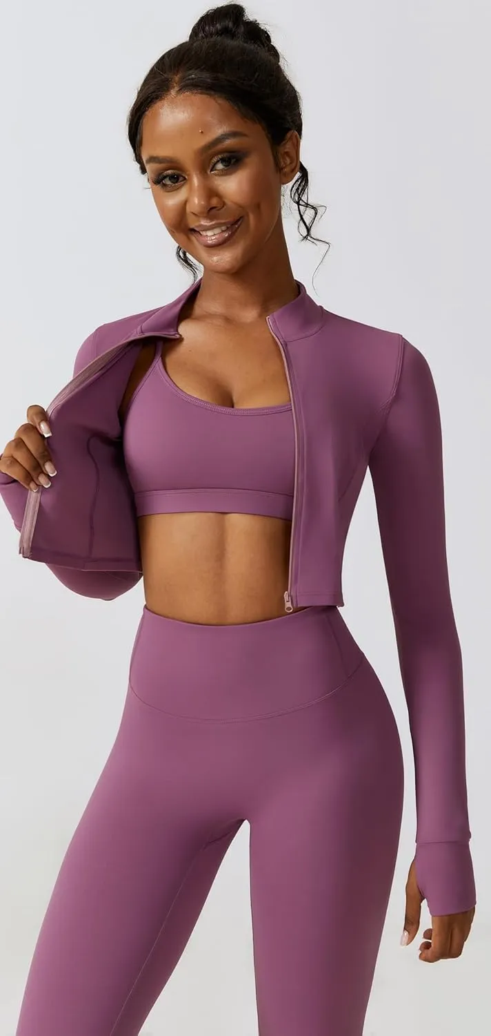 3 Piece Women Workout Set Sports Bra Crop Top Jacket with Thumb Holes Tummy Control High Waist Leggings