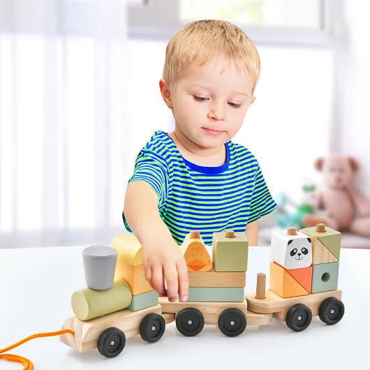 3-Section Toy Wooden Train Set with Stackable Building Blocks - Color: Multicolo