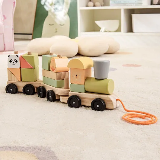 3-Section Toy Wooden Train Set with Stackable Building Blocks - Color: Multicolo