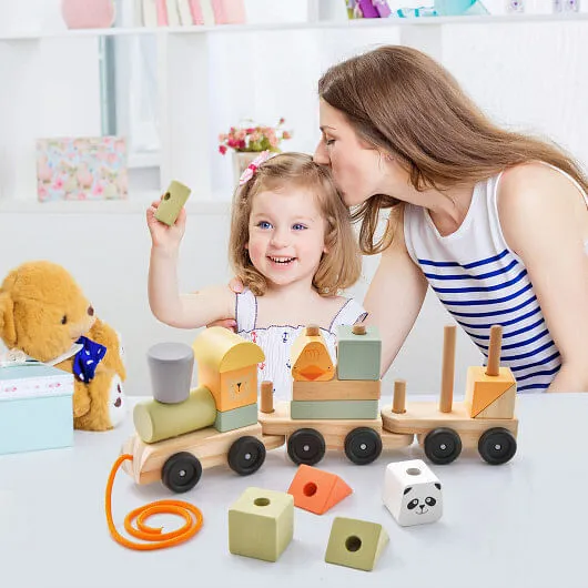 3-Section Toy Wooden Train Set with Stackable Building Blocks - Color: Multicolo